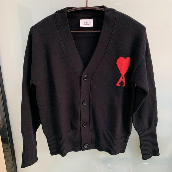 Ami | Sweaters | Ami Red Heart Black Cardigan Sweater | Poshmark